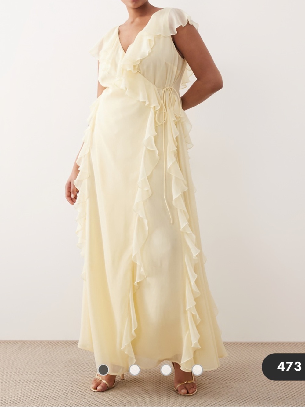 ASOS DESIGN Curve Bridesmaid wrap front ruffle maxi dress in pale yellow